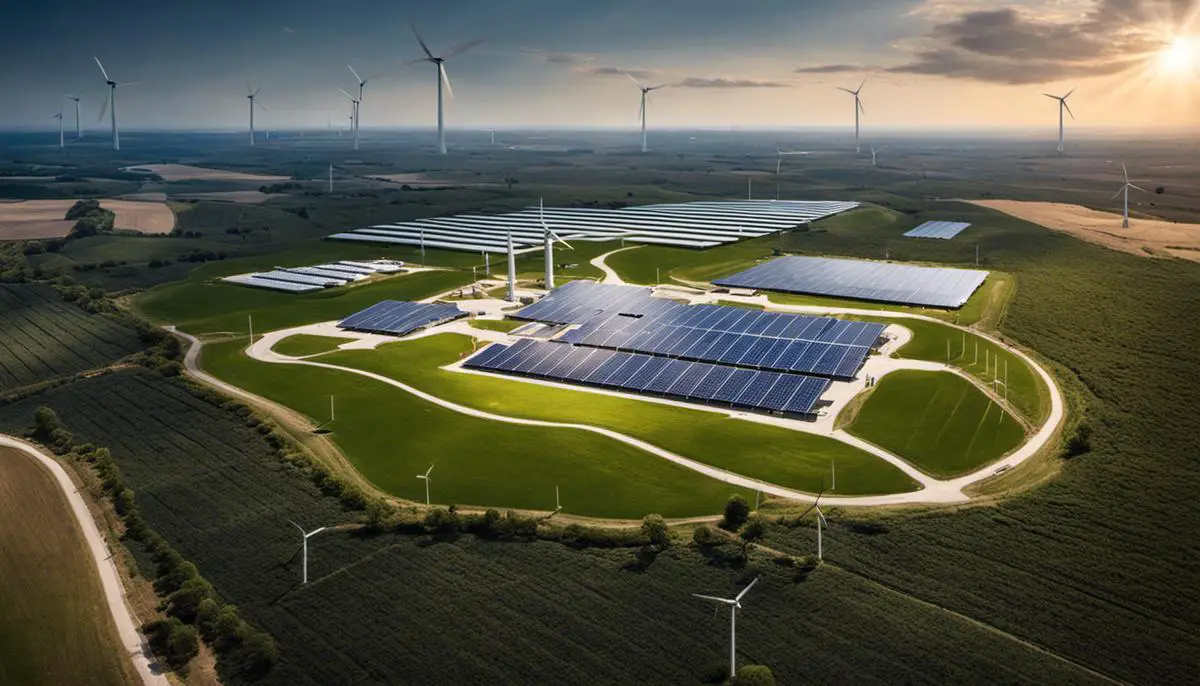 Image showing Apple's renewable energy integration in action, with solar panels on their facilities and wind turbines in the background. The image represents their commitment to a sustainable future.