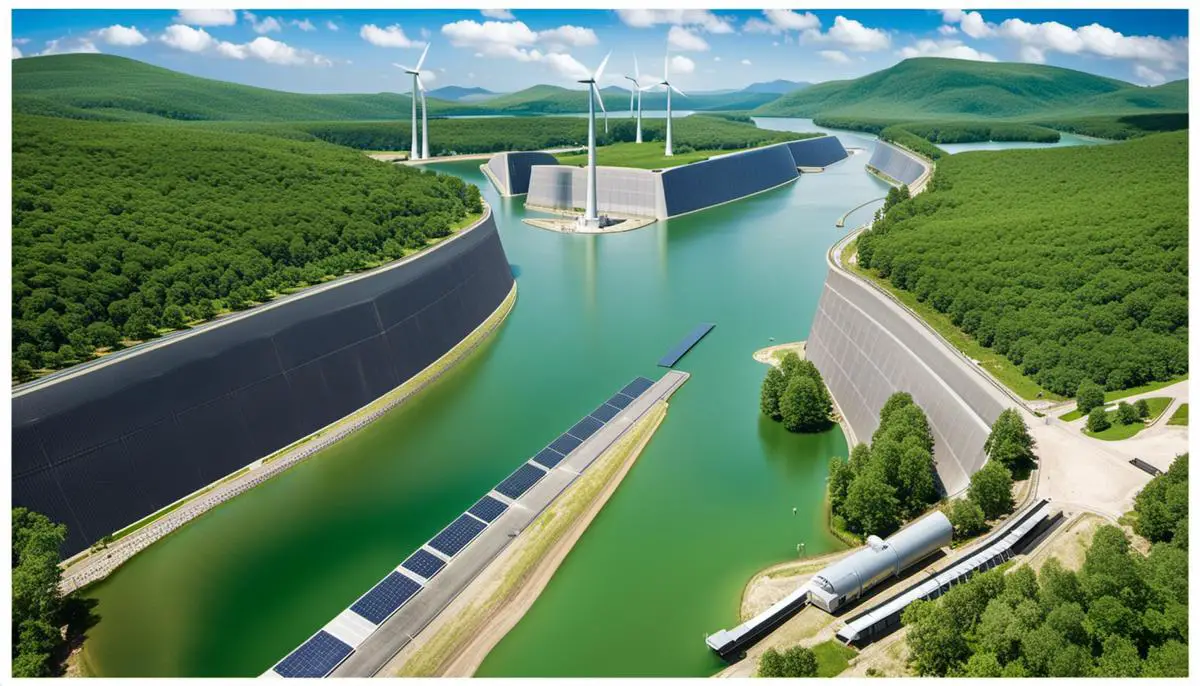 Image of renewable energy sources to accompany the text, depicting wind turbines, solar panels, and a hydroelectric dam.