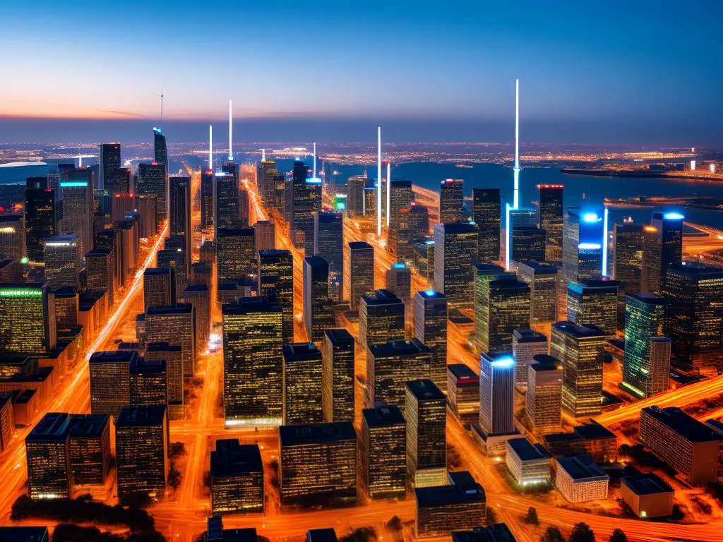 Image depicting a city skyline with energy-related symbols, representing the concept of energy security