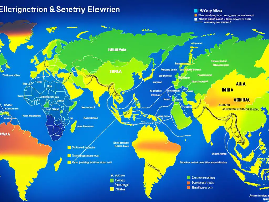 Illustration depicting electricity trading between India and Southeast Asia, highlighting economic, social, and environmental impacts.