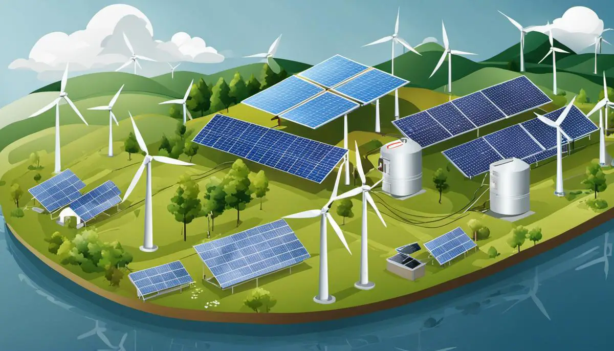 Illustration of renewable energy sources including solar panels, wind turbines, hydroelectric power, and geothermal energy.