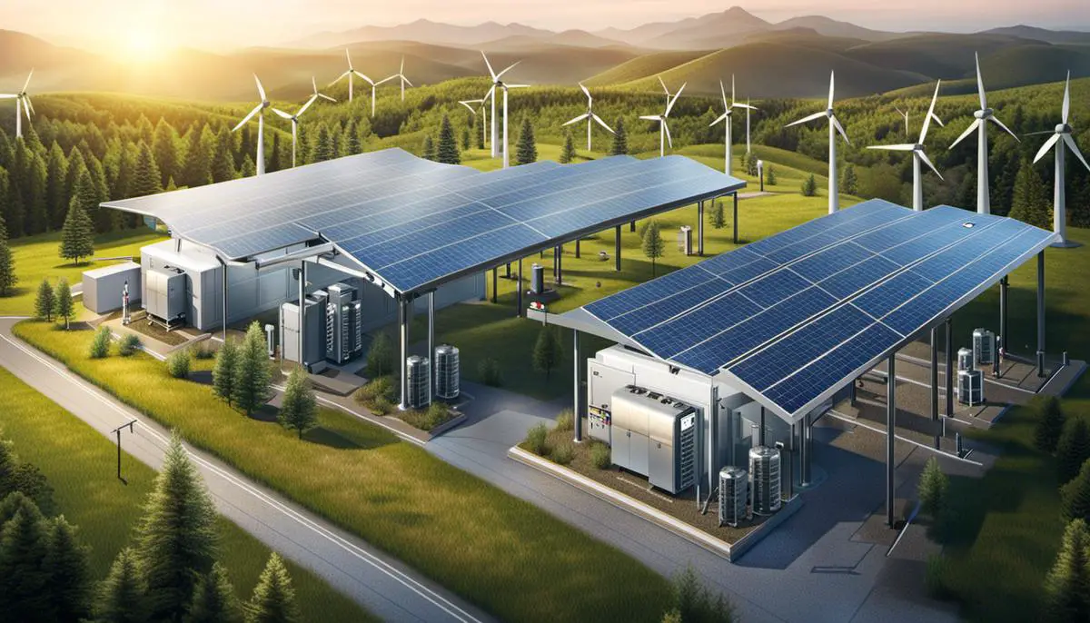 Illustration of a substation with renewable energy sources integrated, emphasizing the automation aspect of the system.